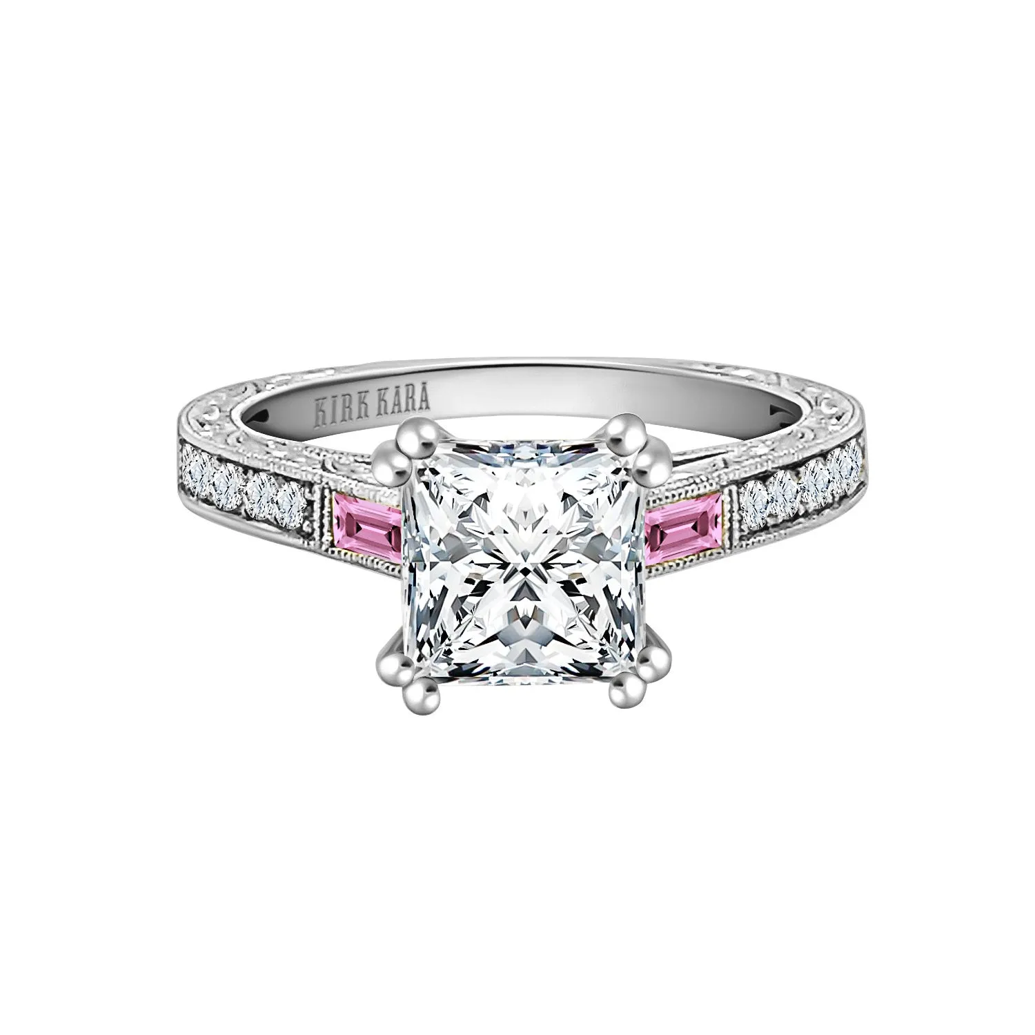 Baguette Engraved Pink Sapphire Diamond Engagement Ring sold by Kirk Kara