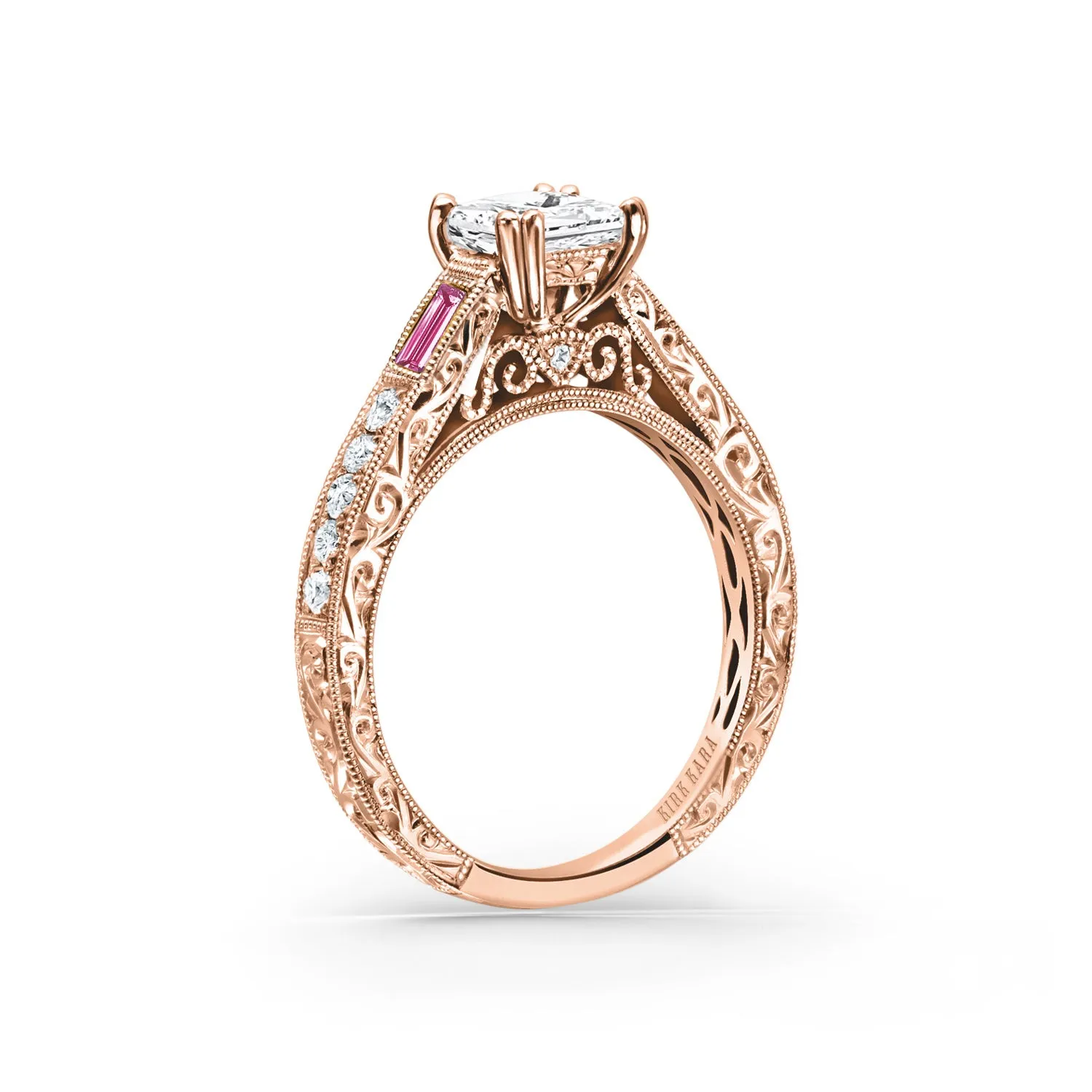 Baguette Engraved Pink Sapphire Diamond Engagement Ring sold by Kirk Kara product image thumbnail 5