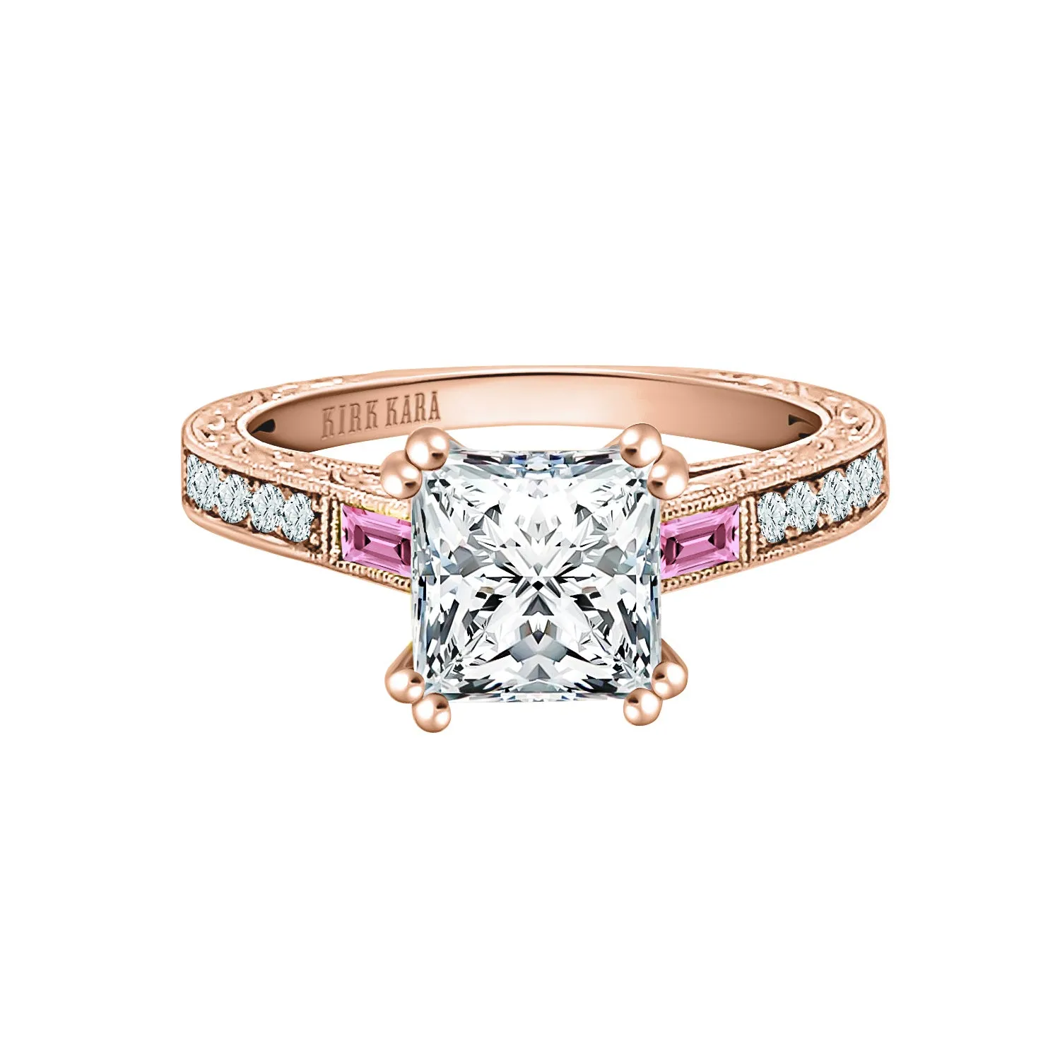 Baguette Engraved Pink Sapphire Diamond Engagement Ring sold by Kirk Kara product image thumbnail 4