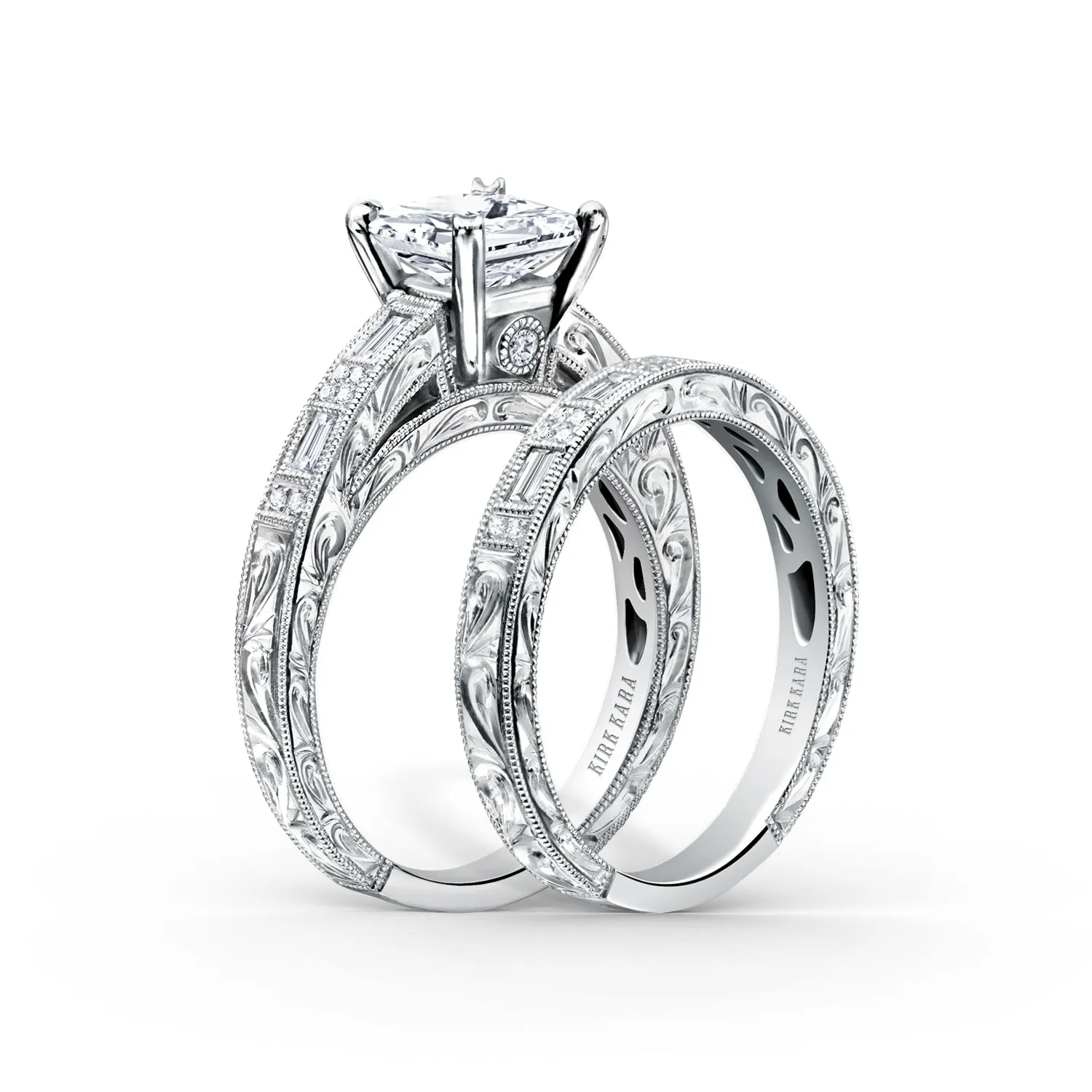 Deco Engraved Baguette Diamond Engagement Ring sold by Kirk Kara product image thumbnail 5