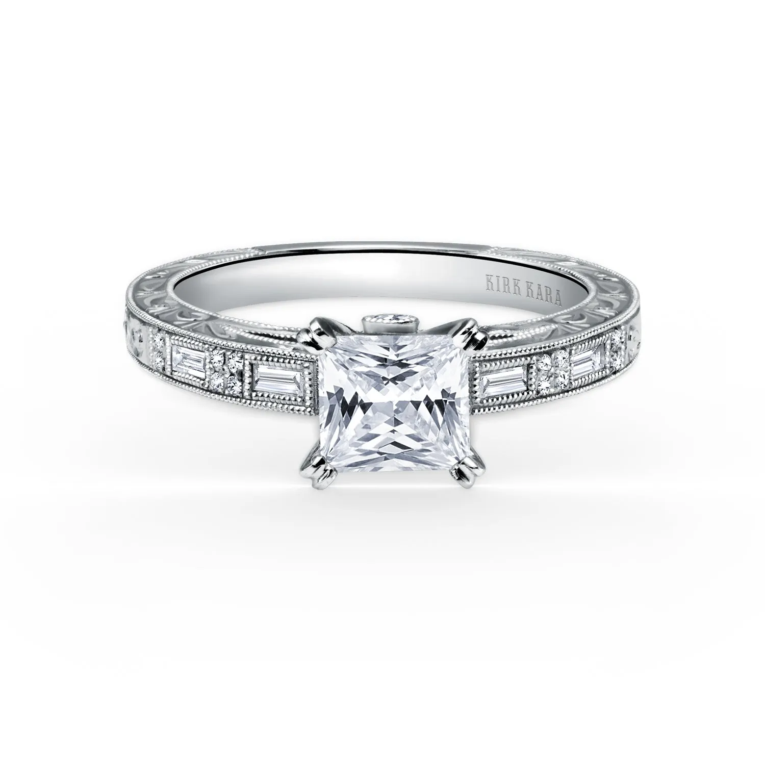 Deco Engraved Baguette Diamond Engagement Ring sold by Kirk Kara product image thumbnail 3