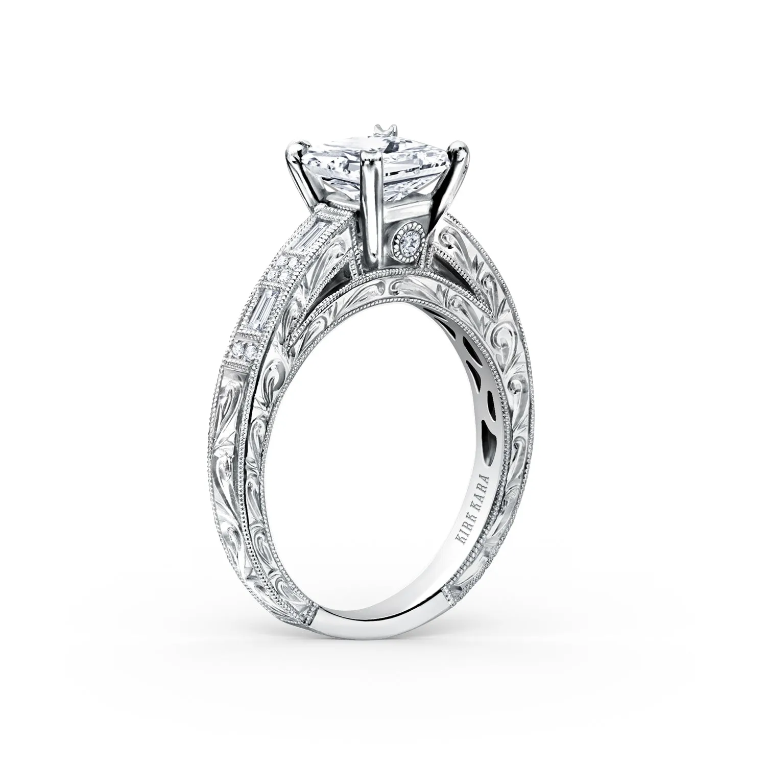 Deco Engraved Baguette Diamond Engagement Ring sold by Kirk Kara product image thumbnail 4