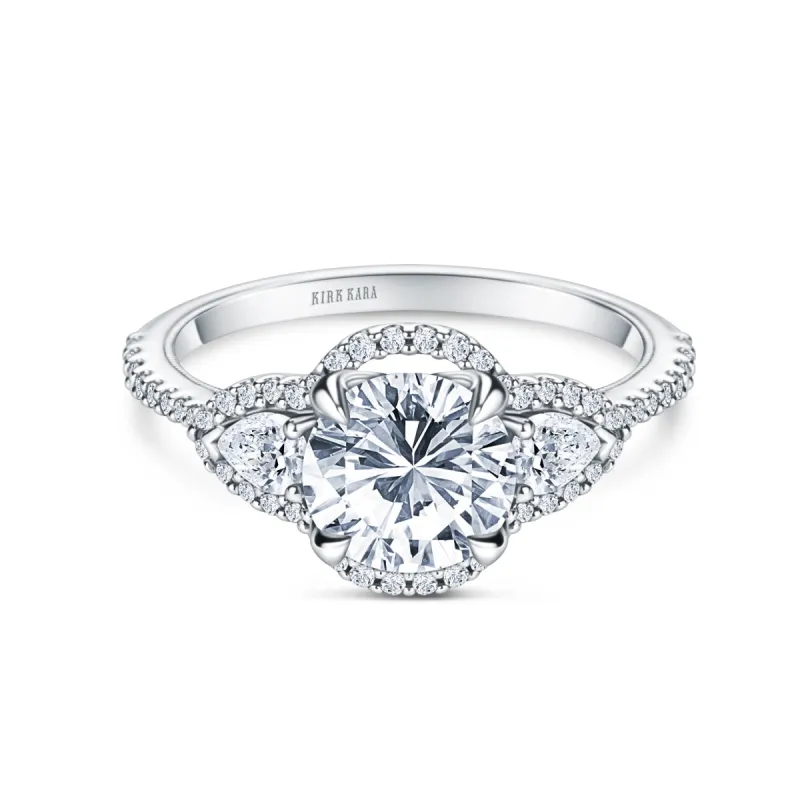 Three Stone Halo Pear Side Stone Diamond Engagement Ring sold by Kirk Kara