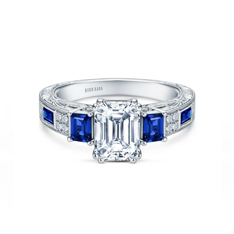 Deco Three Stone Engraved Blue Sapphire Baguette Diamond Engagement Ring sold by Kirk Kara