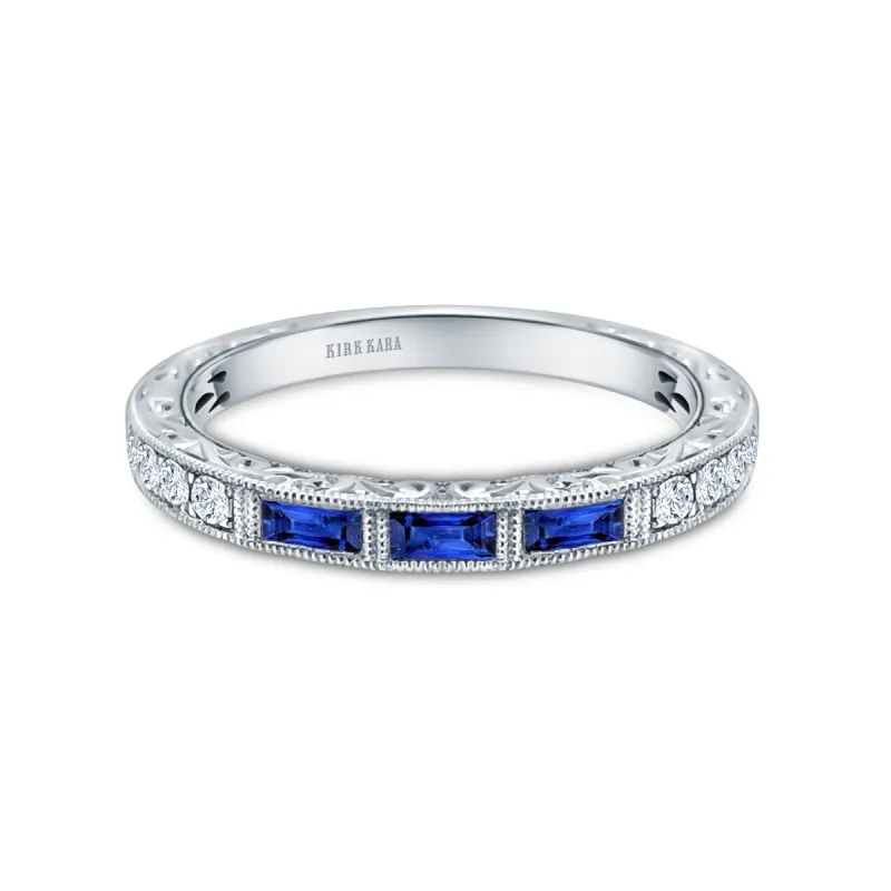 Baguette Engraved Blue Sapphire Diamond Wedding Band sold by Kirk Kara