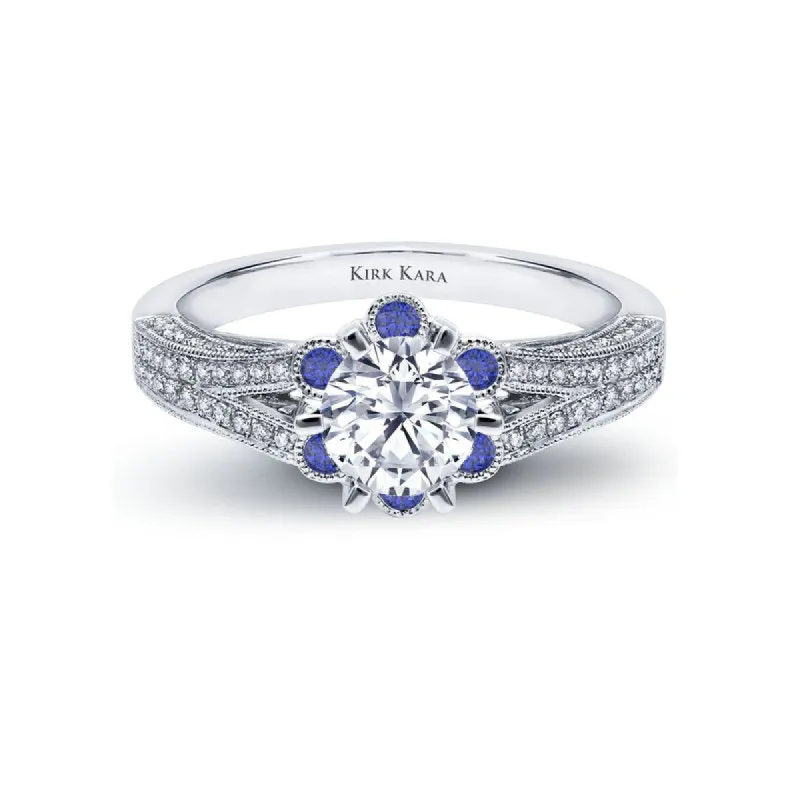 18K White Gold Flower Blue Sapphire Halo Engagement Ring sold by Kirk Kara