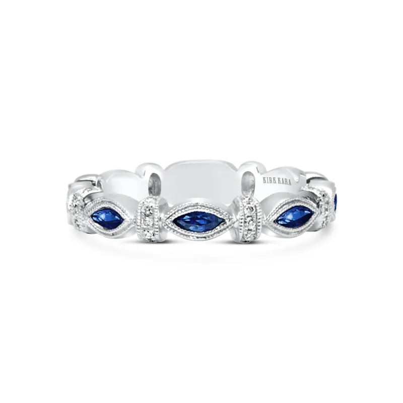 18K White Gold Marquise Blue Sapphire Diamond Wedding Band sold by Kirk Kara