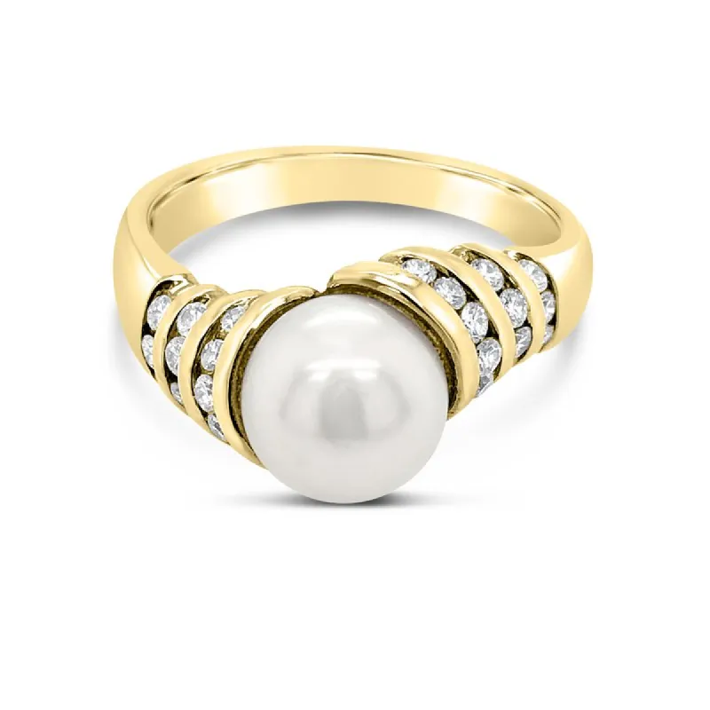 14K Yellow Gold Diamond White Akoya Cultured Pearl Ring sold by Kirk Kara