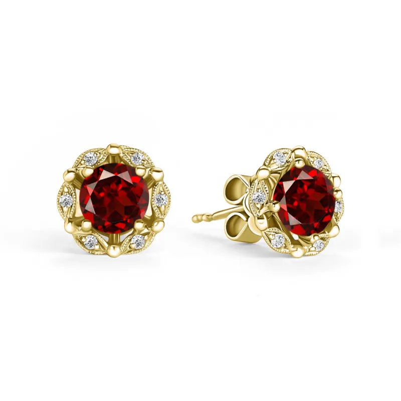 Delicate Floral Red Garnet Diamond Stud Earrings sold by Kirk Kara