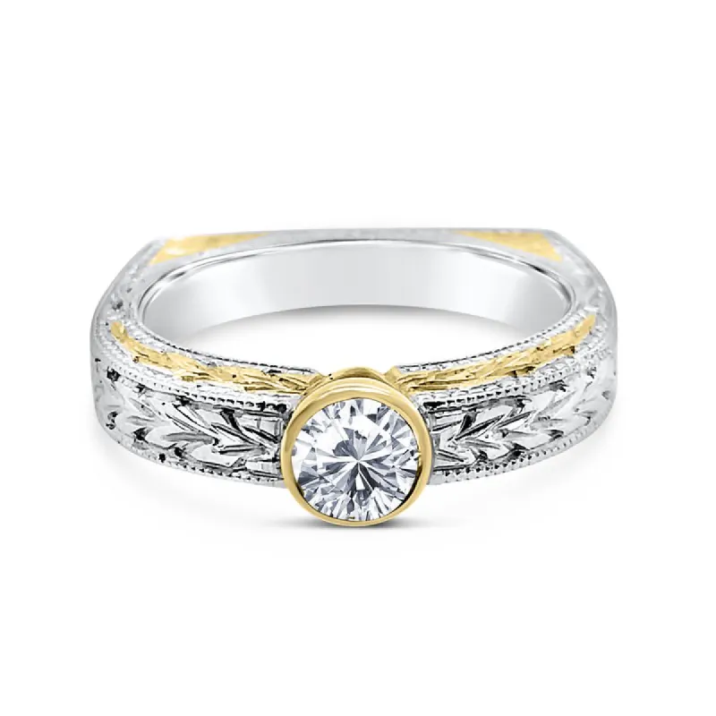 Platinum Two Tone Engraved Bezel Engagement Ring sold by Kirk Kara