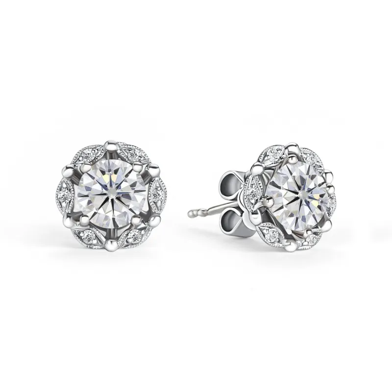 Delicate Floral White Moissanite Diamond Stud Earrings sold by Kirk Kara