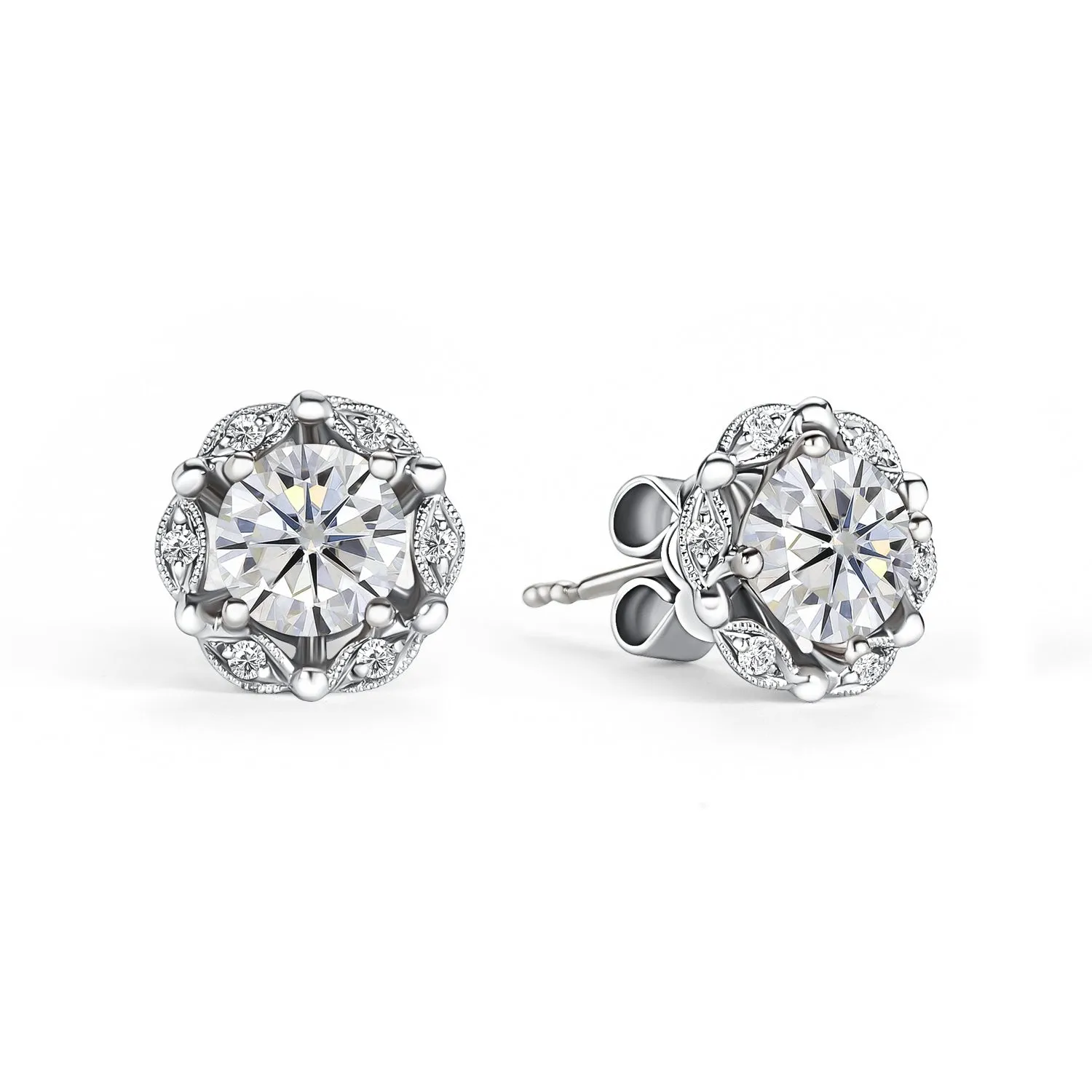 Delicate Floral White Moissanite Diamond Stud Earrings sold by Kirk Kara