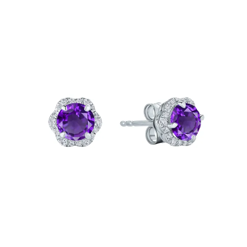 Floral Milgrain Amethyst Diamond Stud Earrings sold by Kirk Kara