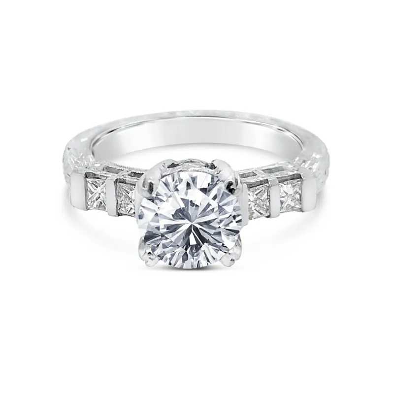 Platinum Hand Engraved Princess Diamond Engagement Ring sold by Kirk Kara