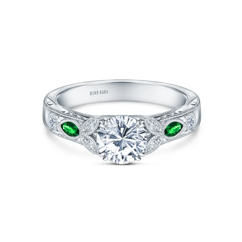 Tsavorite Floral Diamond Engraved Engagement Ring sold by Kirk Kara