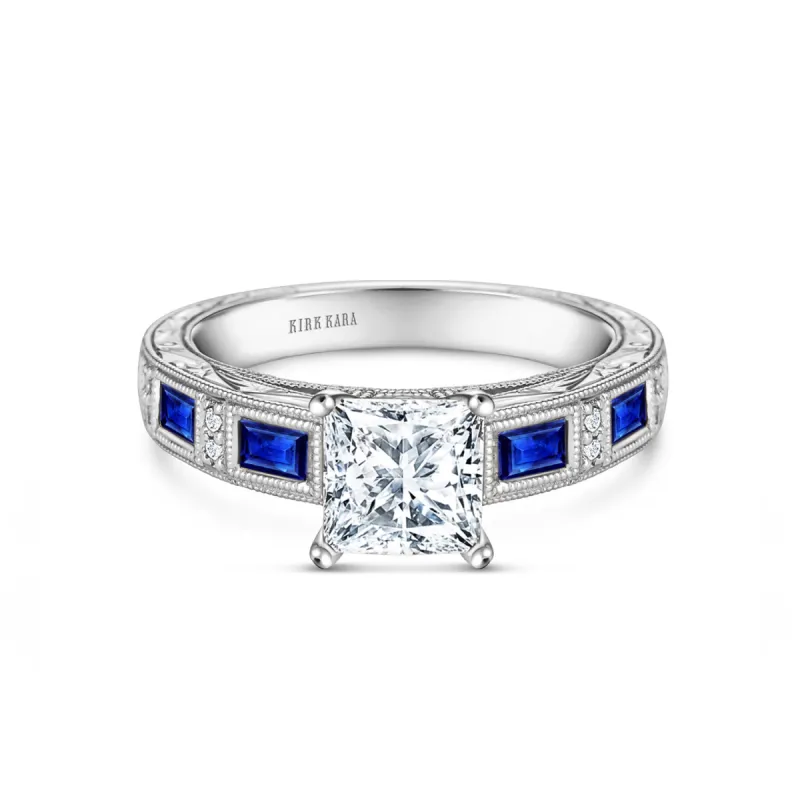 Blue Sapphire Baguette Engraved Cathedral Diamond Engagement Ring sold by Kirk Kara
