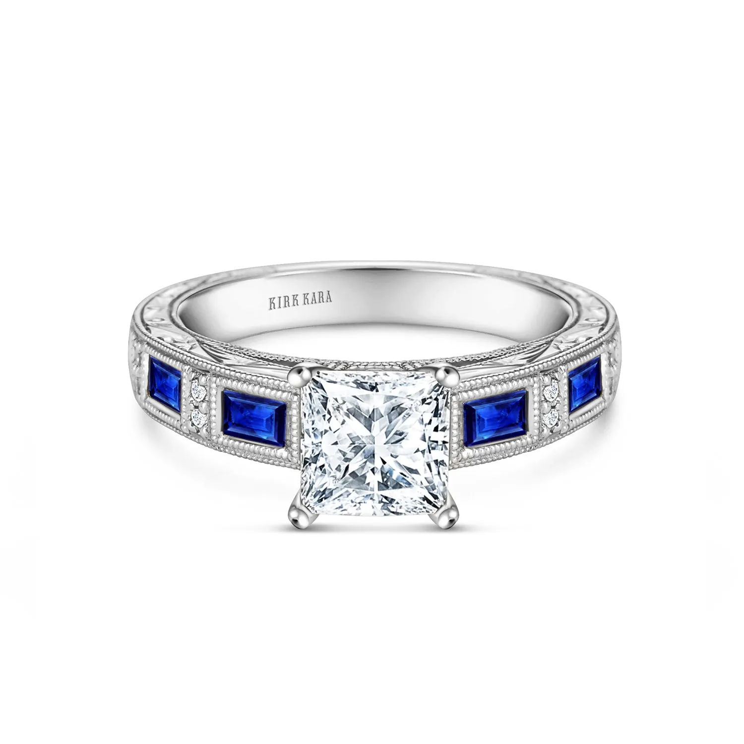 Blue Sapphire Baguette Engraved Cathedral Diamond Engagement Ring sold by Kirk Kara