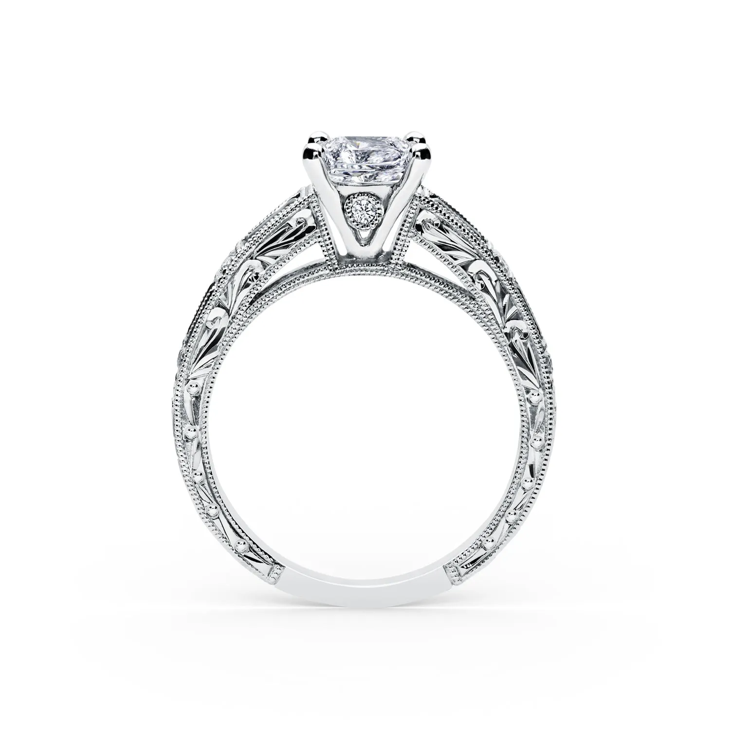 Blue Sapphire Baguette Engraved Cathedral Diamond Engagement Ring sold by Kirk Kara product image thumbnail 4