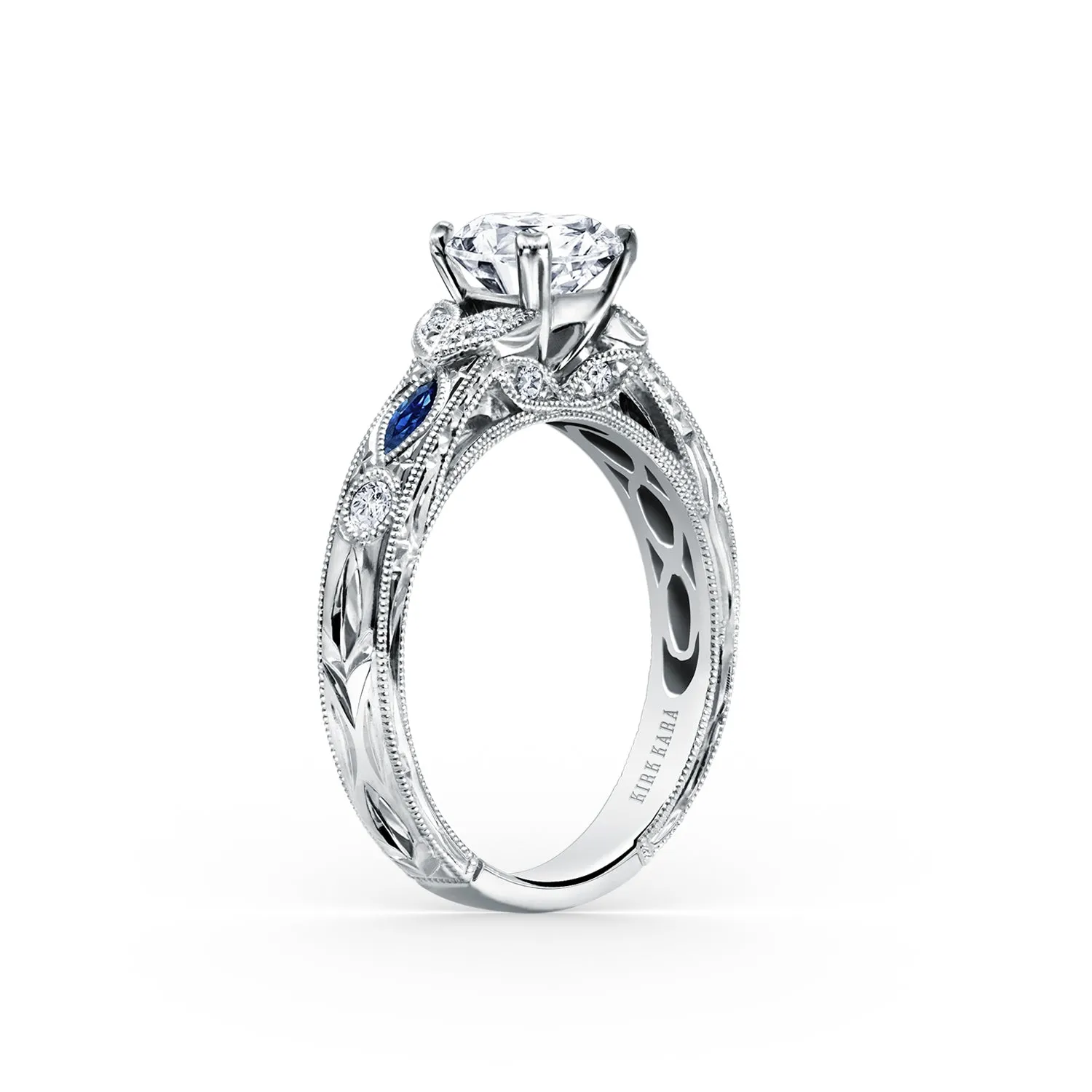 Blue Sapphire Floral Diamond Engraved Engagement Ring sold by Kirk Kara product image thumbnail 3