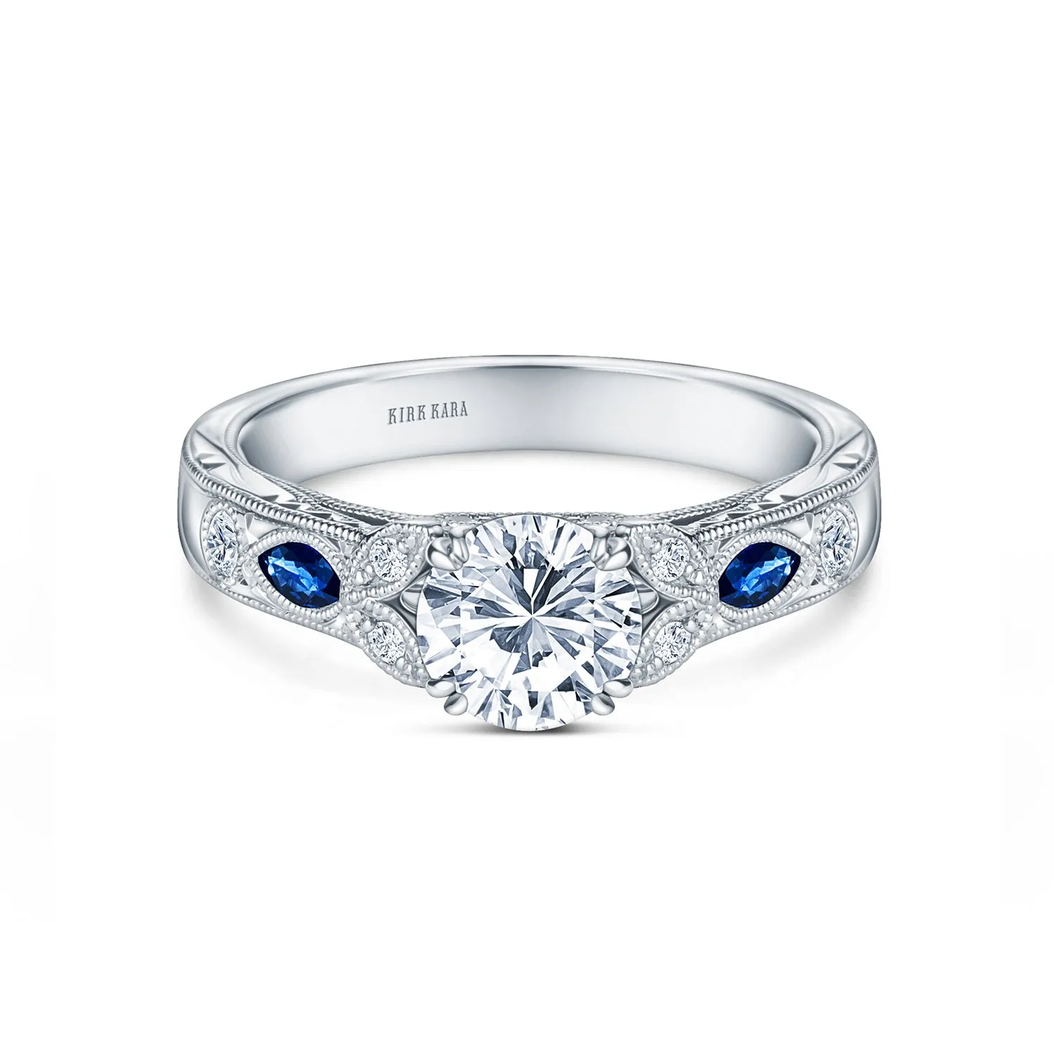 Blue Sapphire Floral Diamond Engraved Engagement Ring sold by Kirk Kara