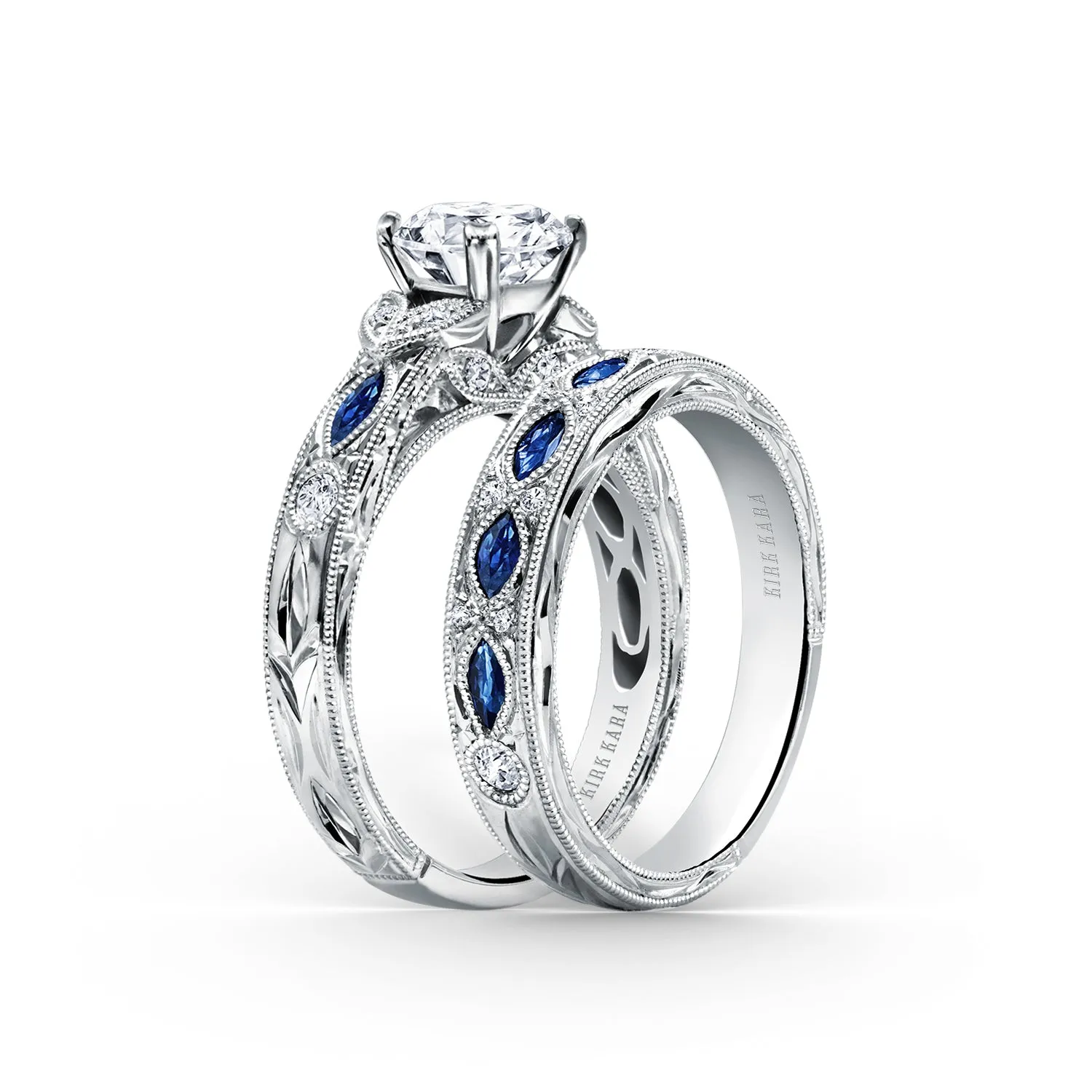 Blue Sapphire Floral Diamond Engraved Engagement Ring sold by Kirk Kara product image thumbnail 5