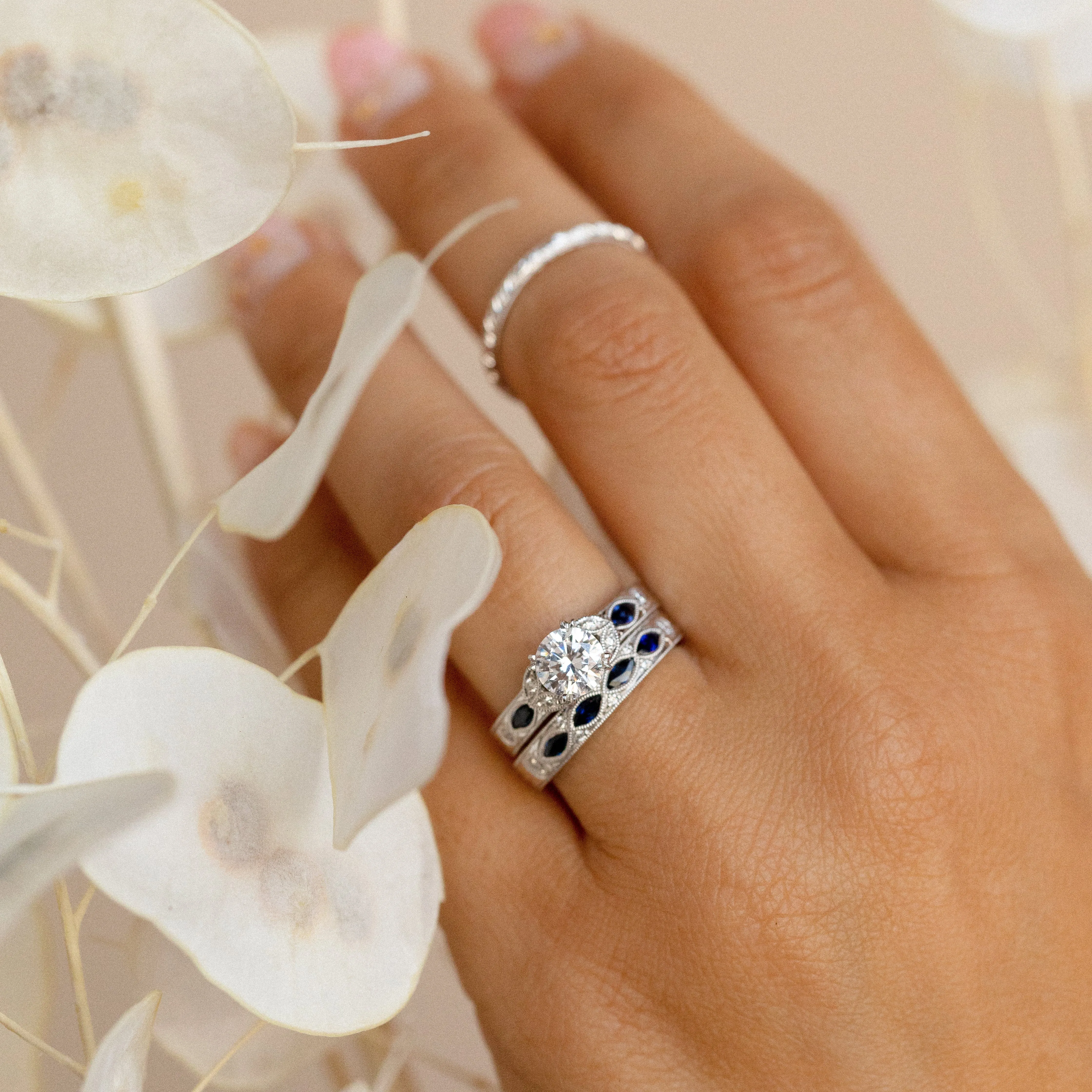 Blue Sapphire Floral Diamond Engraved Engagement Ring sold by Kirk Kara product image thumbnail 2