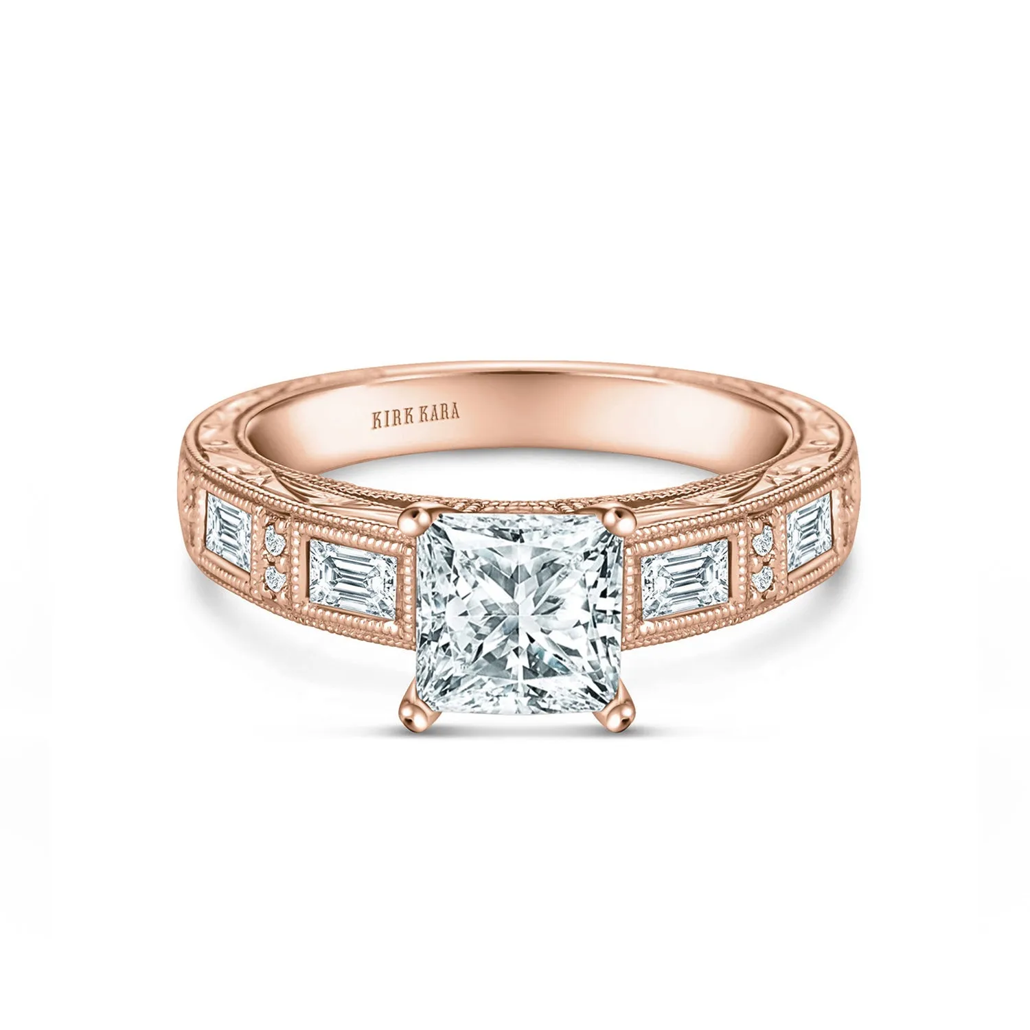 Baguette Engraved Cathedral Diamond Engagement Ring sold by Kirk Kara product image thumbnail 5