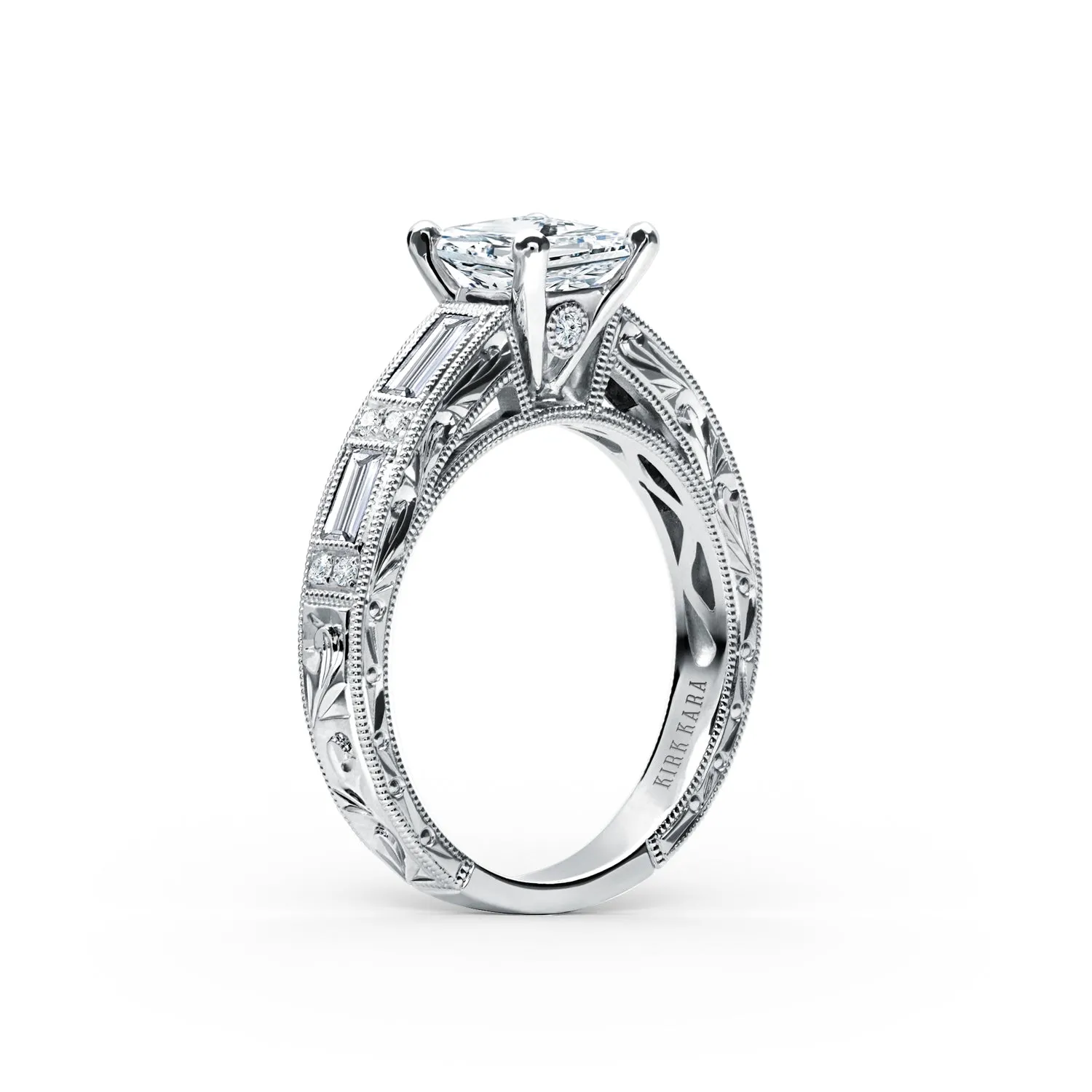 Baguette Engraved Cathedral Diamond Engagement Ring sold by Kirk Kara product image thumbnail 2