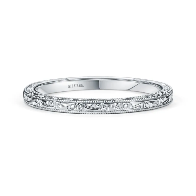 18K White Gold Thin Scroll Engraved Milgrain Wedding Band sold by Kirk Kara