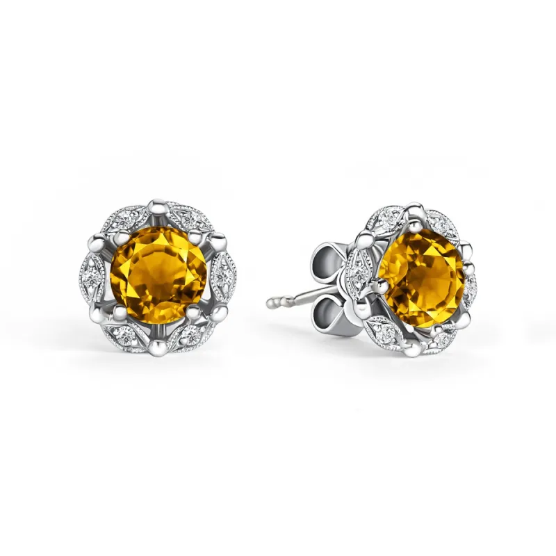 Delicate Floral Citrine Diamond Stud Earrings sold by Kirk Kara
