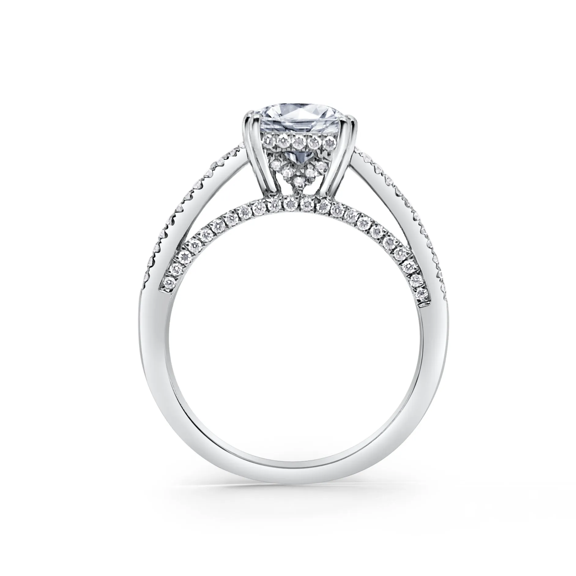 18K White Gold Split Shank Cathedral Diamond Engagement Ring sold by Kirk Kara product image thumbnail 3