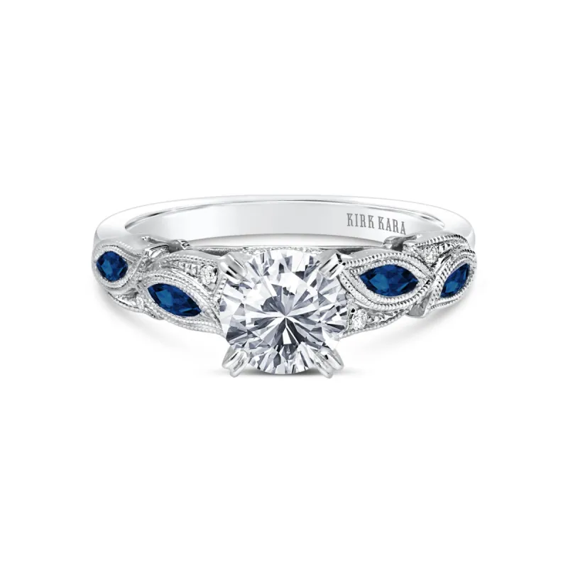 18K White Gold Botanical Floral Blue Sapphire Marquise Diamond Engagement Ring sold by Kirk Kara