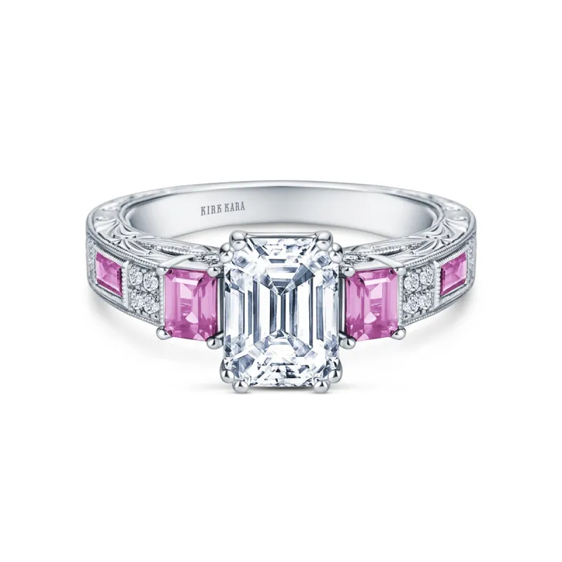Deco Three Stone Engraved Pink Sapphire Baguette Diamond Engagement Ring sold by Kirk Kara