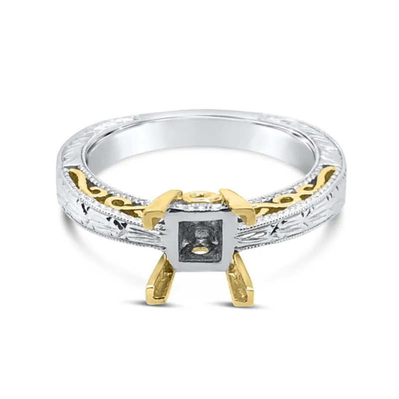 14k White & Yellow Gold Engraved Princess Solitaire Engagement Ring sold by Kirk Kara