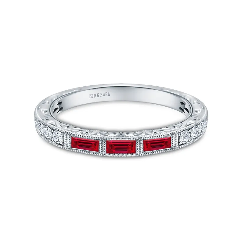 Baguette Engraved Ruby Diamond Wedding Band sold by Kirk Kara