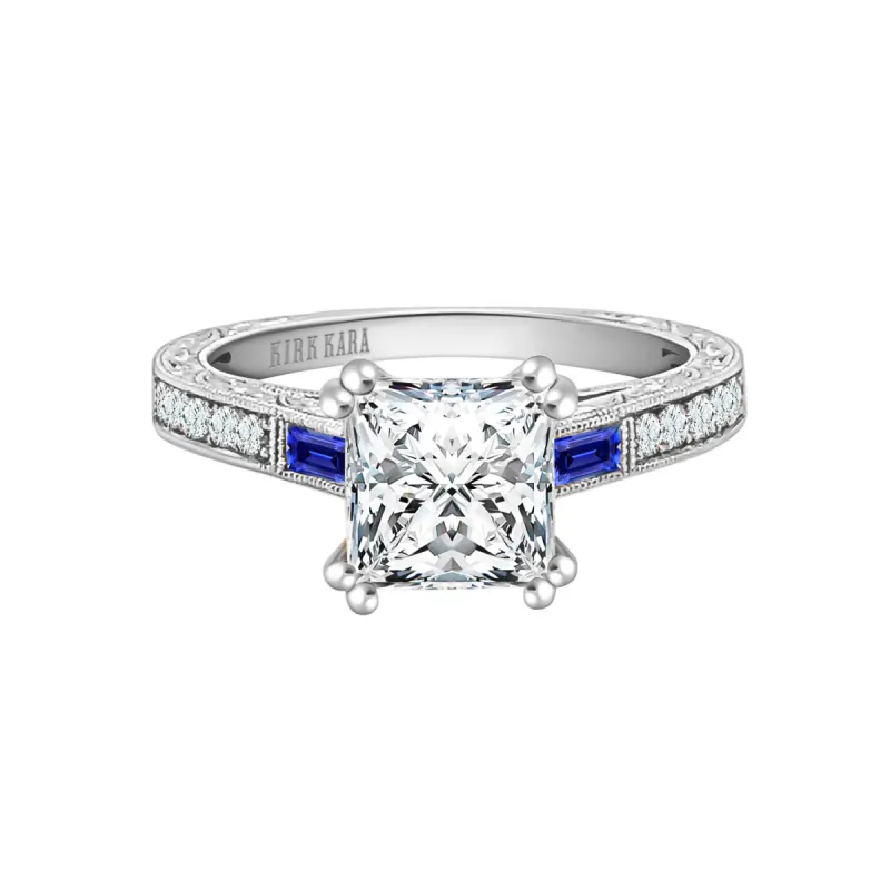 Baguette Engraved Blue Sapphire Diamond Engagement Ring sold by Kirk Kara
