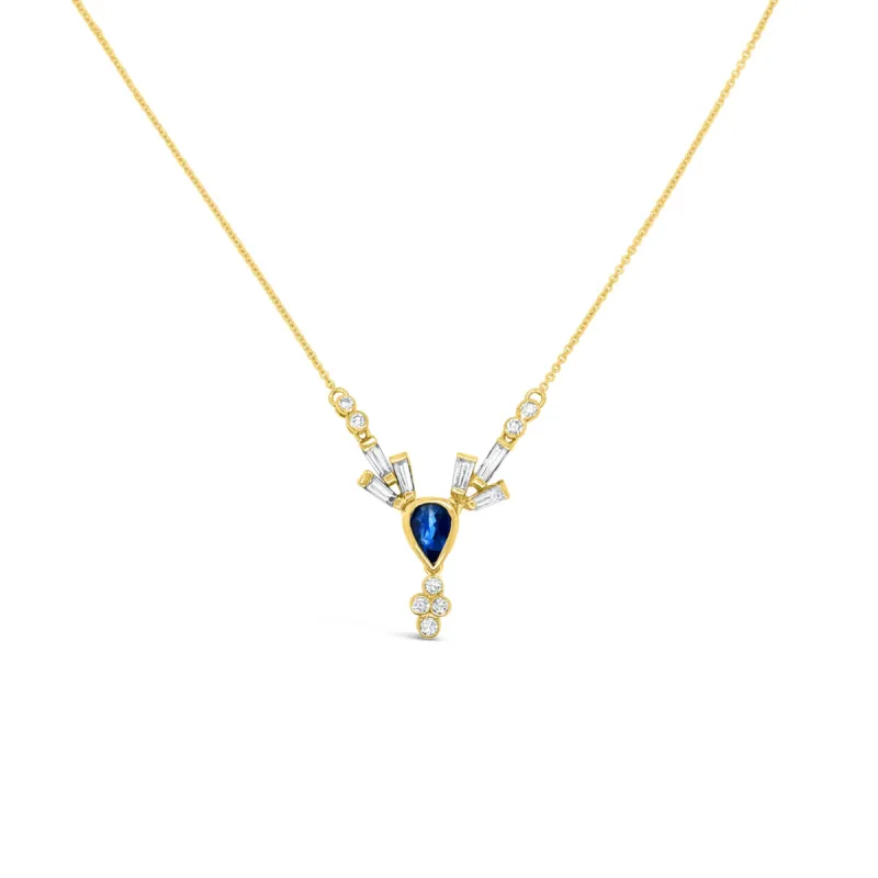14K Yellow Gold Blue Sapphire Baguette Diamond Necklace sold by Kirk Kara
