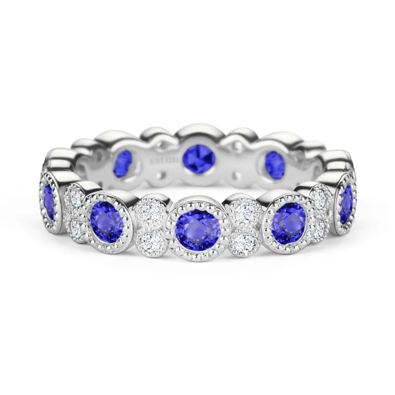 Round Diamond Milgrain Sapphire and DIamond Eternity Wedding Band sold by Kirk Kara