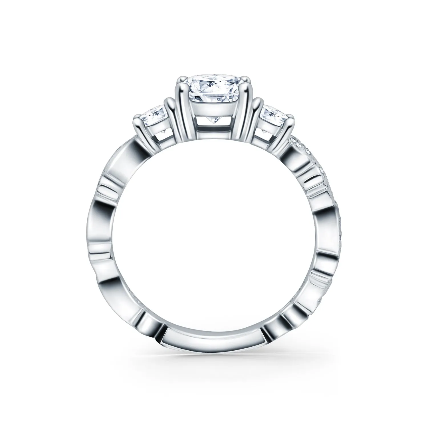 Swirl Milgrain Thin Three Stone Diamond Engagement Ring sold by Kirk Kara product image thumbnail 3