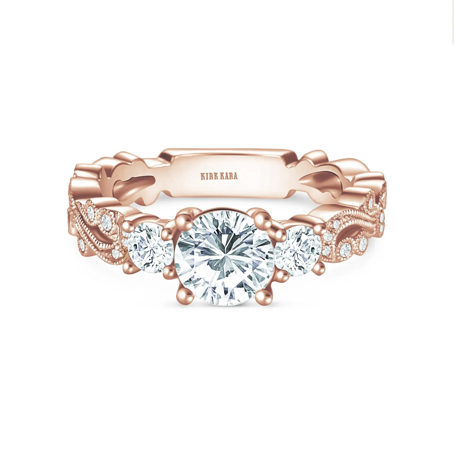 Swirl Milgrain Thin Three Stone Diamond Engagement Ring sold by Kirk Kara product image thumbnail 5