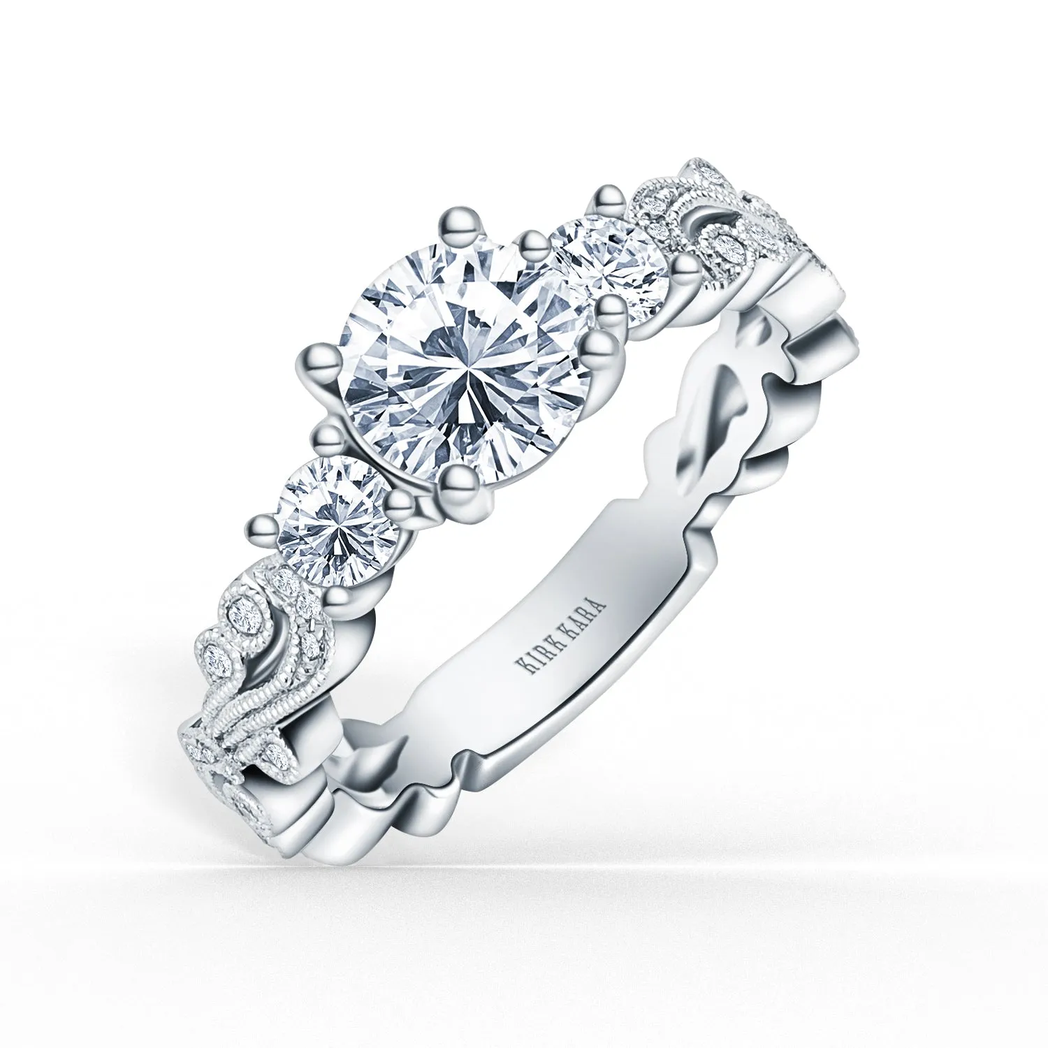 Swirl Milgrain Thin Three Stone Diamond Engagement Ring sold by Kirk Kara product image thumbnail 2