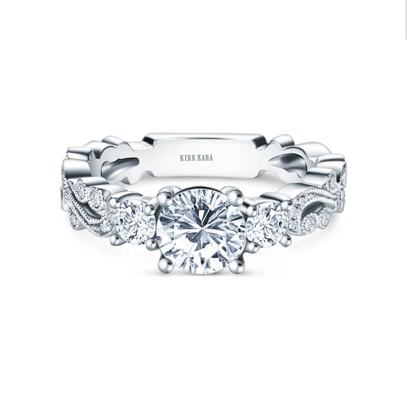 Swirl Milgrain Thin Three Stone Diamond Engagement Ring sold by Kirk Kara