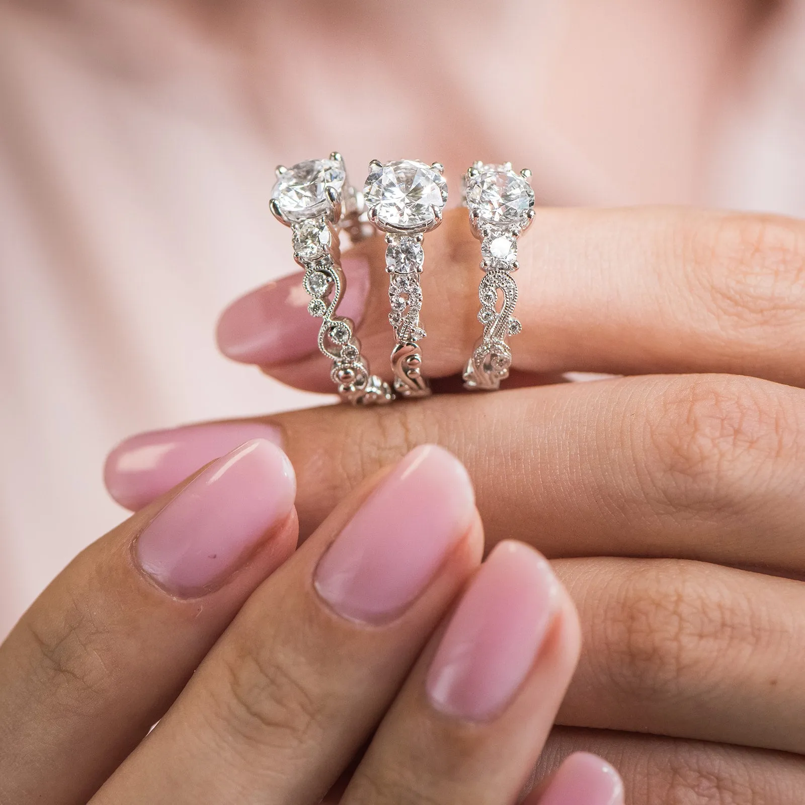 Swirl Milgrain Thin Three Stone Diamond Engagement Ring sold by Kirk Kara product image thumbnail 4