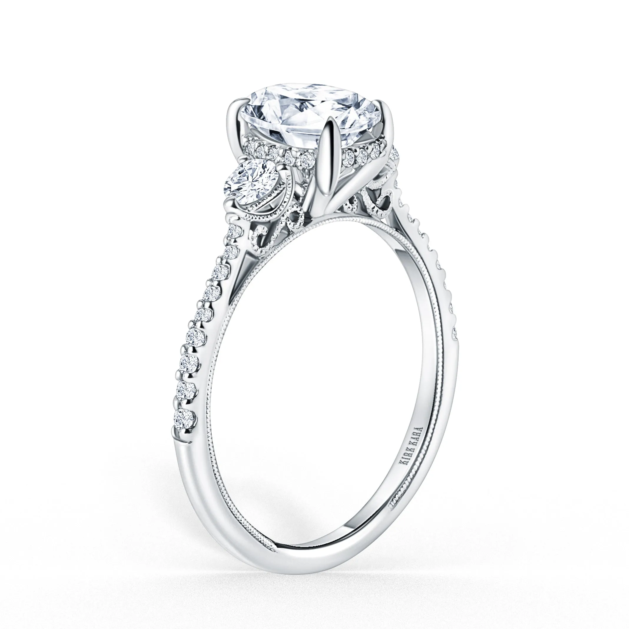 Three Stone Round Hidden Halo Diamond Engagement Ring sold by Kirk Kara product image thumbnail 2