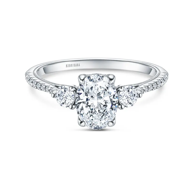 Three Stone Round Hidden Halo Diamond Engagement Ring sold by Kirk Kara