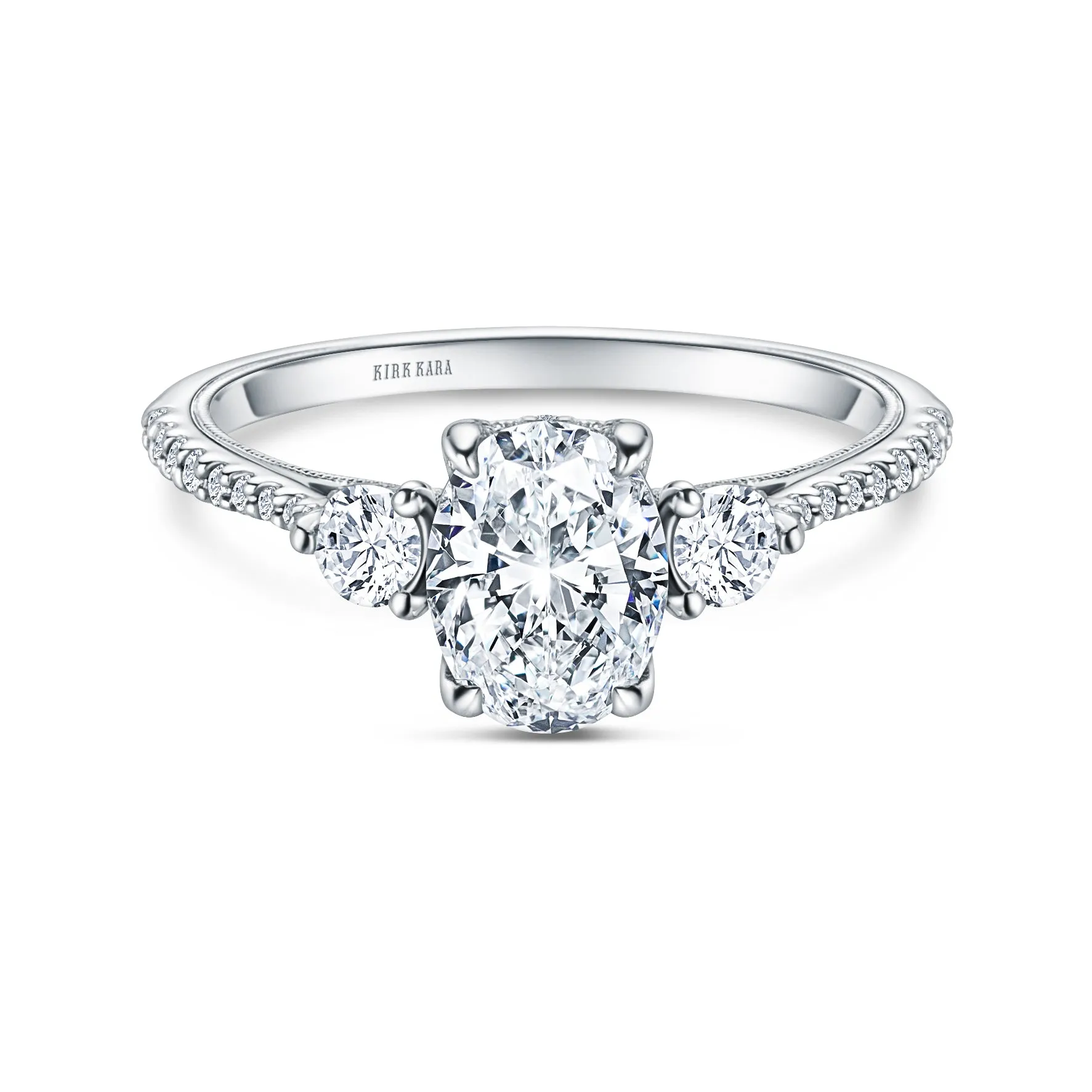 Three Stone Round Hidden Halo Diamond Engagement Ring sold by Kirk Kara
