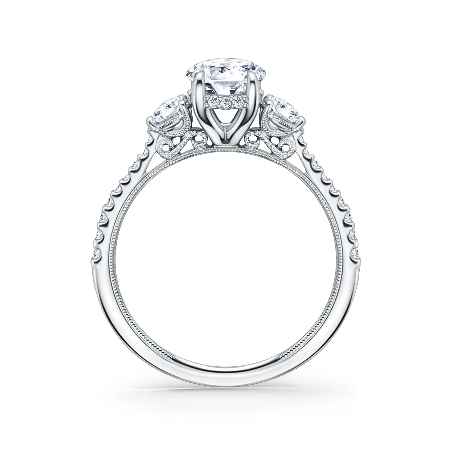 Three Stone Round Hidden Halo Diamond Engagement Ring sold by Kirk Kara product image thumbnail 3