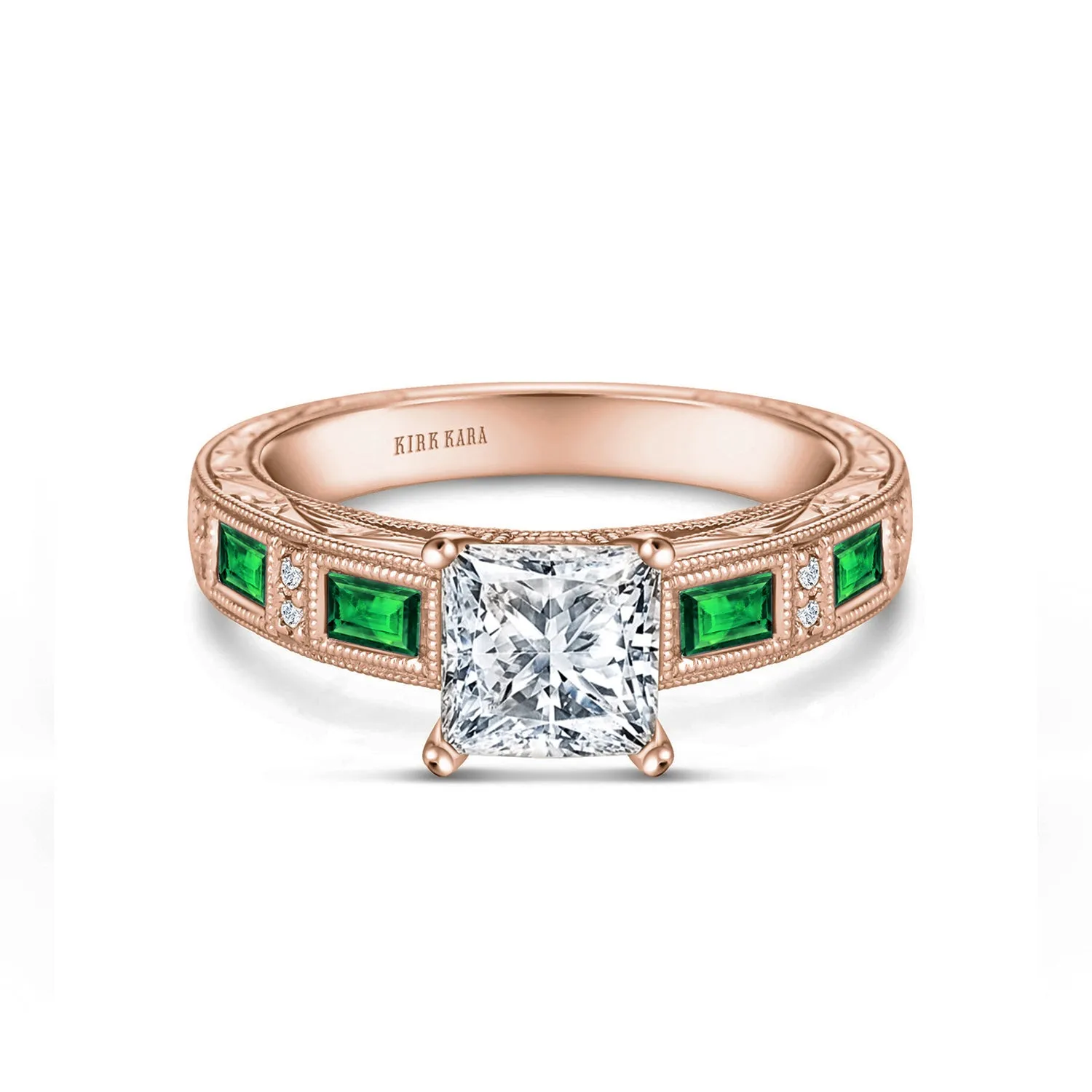 Tsavorite Baguette Engraved Cathedral Diamond Engagement Ring sold by Kirk Kara product image thumbnail 5