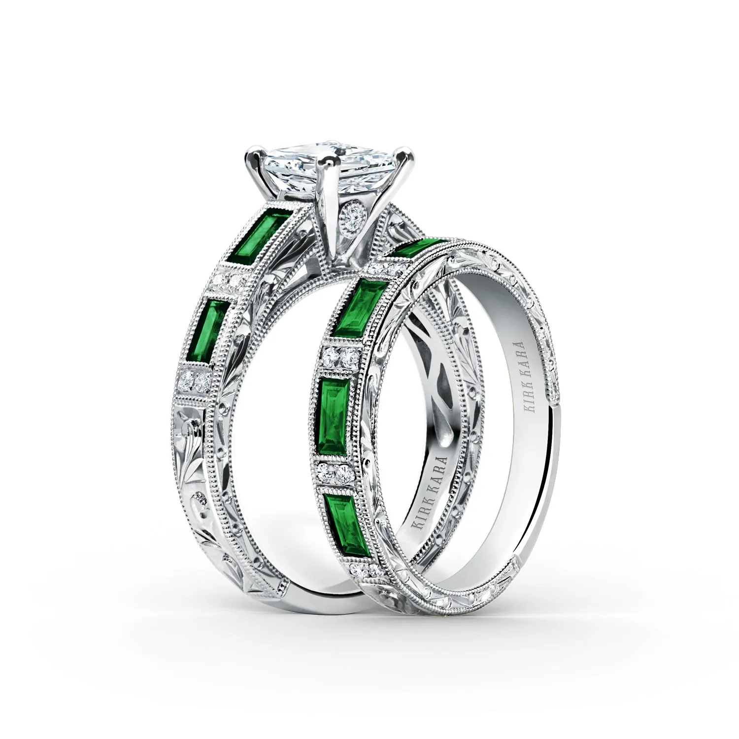 Tsavorite Baguette Engraved Cathedral Diamond Engagement Ring sold by Kirk Kara product image thumbnail 3