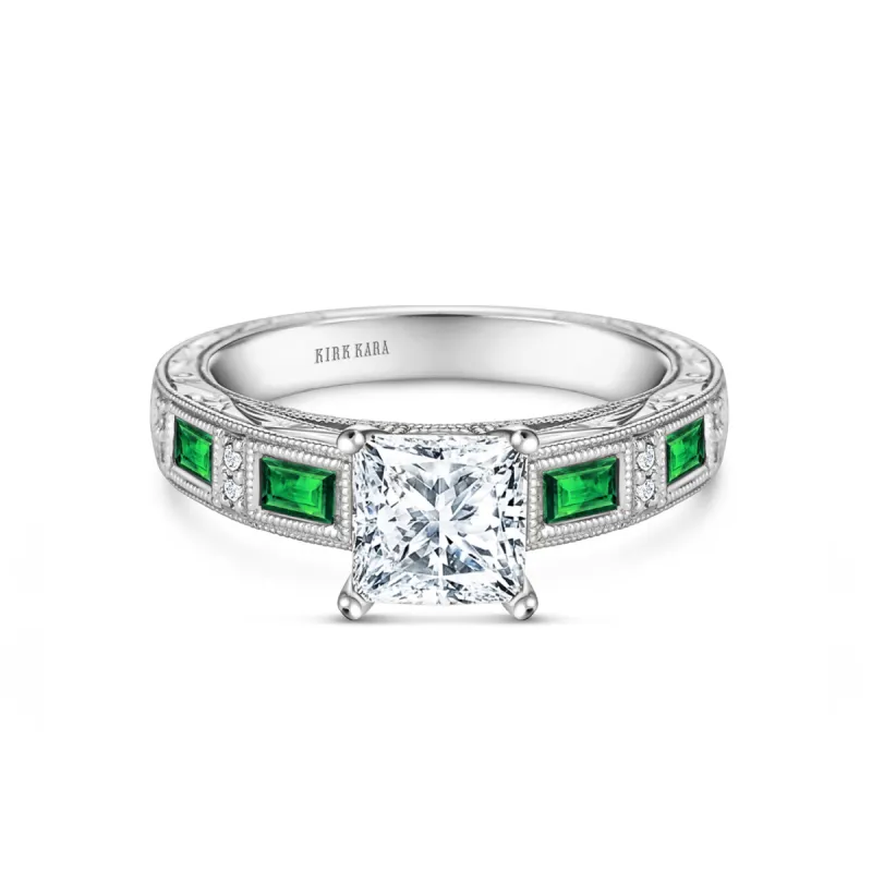 Tsavorite Baguette Engraved Cathedral Diamond Engagement Ring sold by Kirk Kara